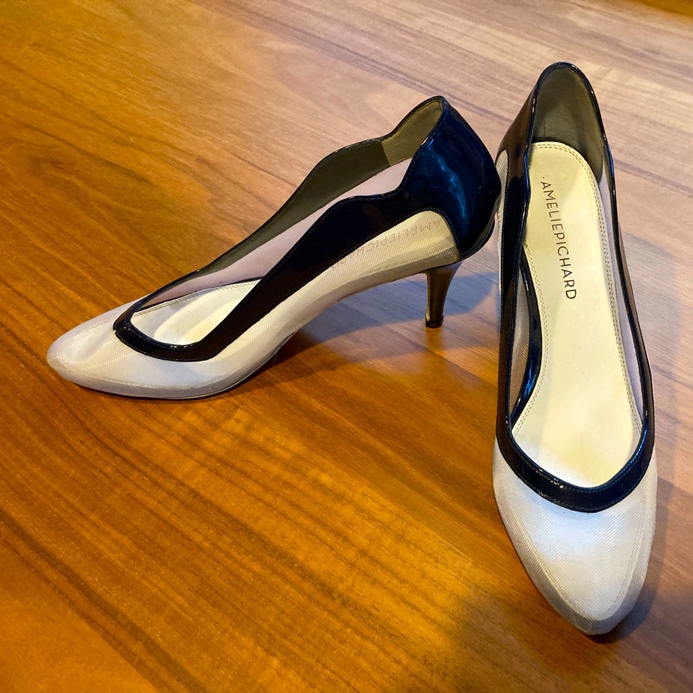 Amélie Pichard blue patent leather & white net heels.